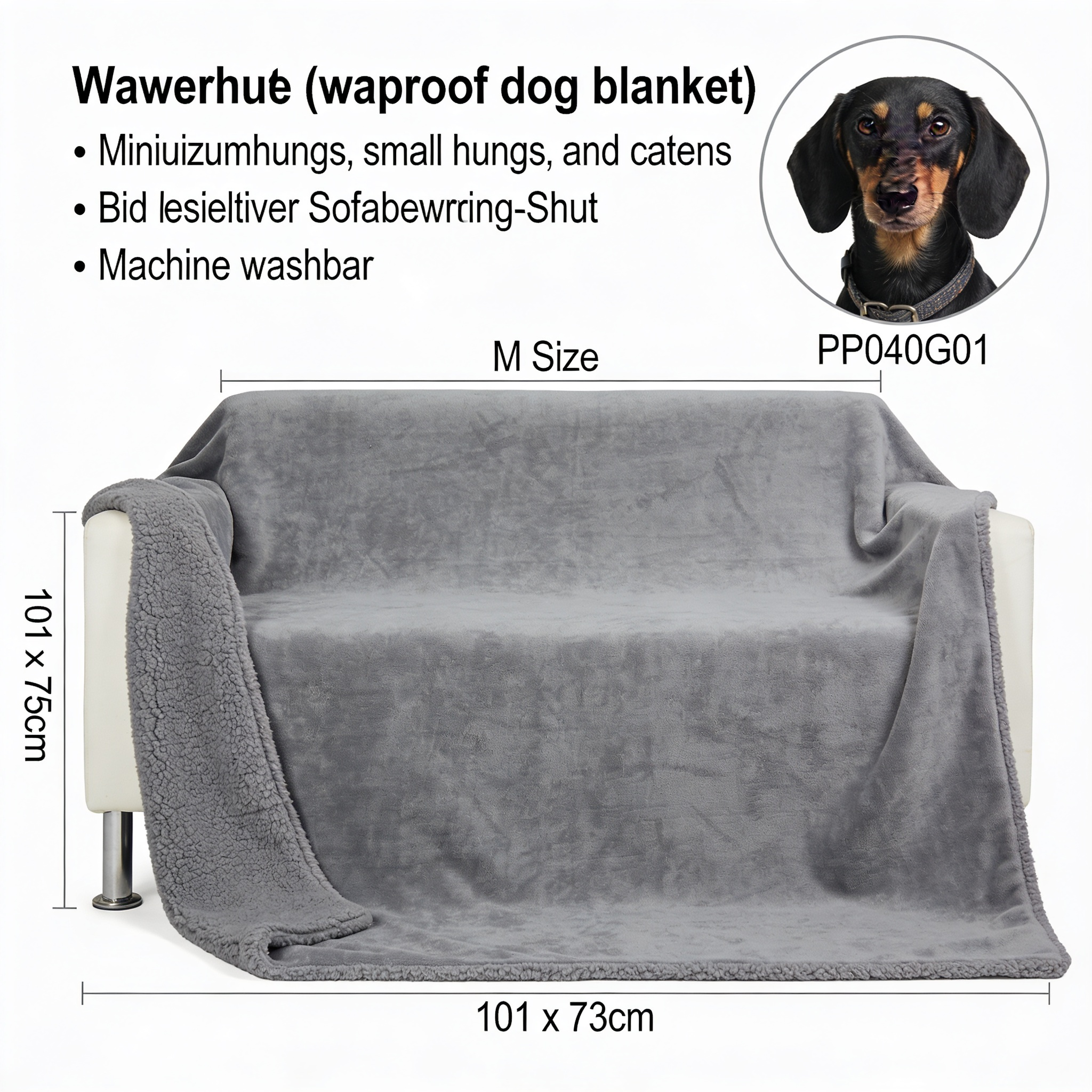 Dkjg Skjane Wasserdichte Hundedecke, Sherpa-Fleece Haustierdecke für Miniaturhunde, kleine Hunde und Katzen, 101 x 73 cm, M, maschinenwaschbar, beidseitiger Sofabezug-Schutz, grau PPB040G01